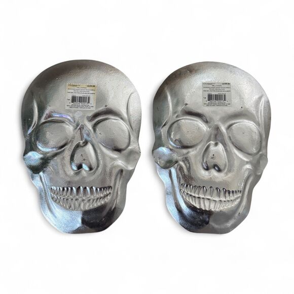 Gold Skull Skeleton Serving Trays Set of 2 12" Halloween Table Party Decor - Picture 2 of 5